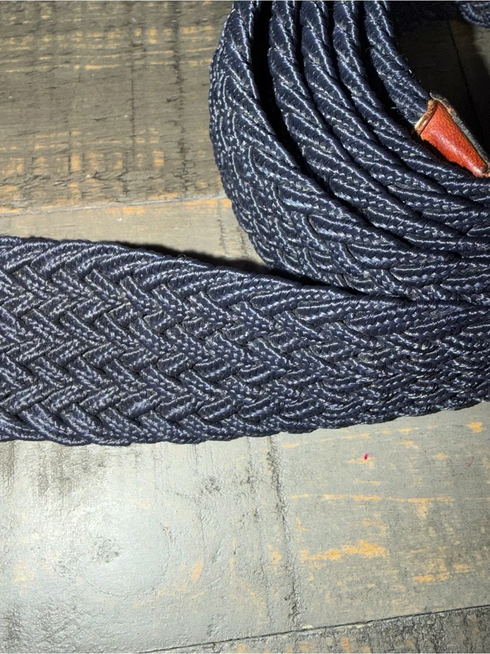 Men's original penguin 34-36 Navy Woven Belt with‎ Brown Leather Trim